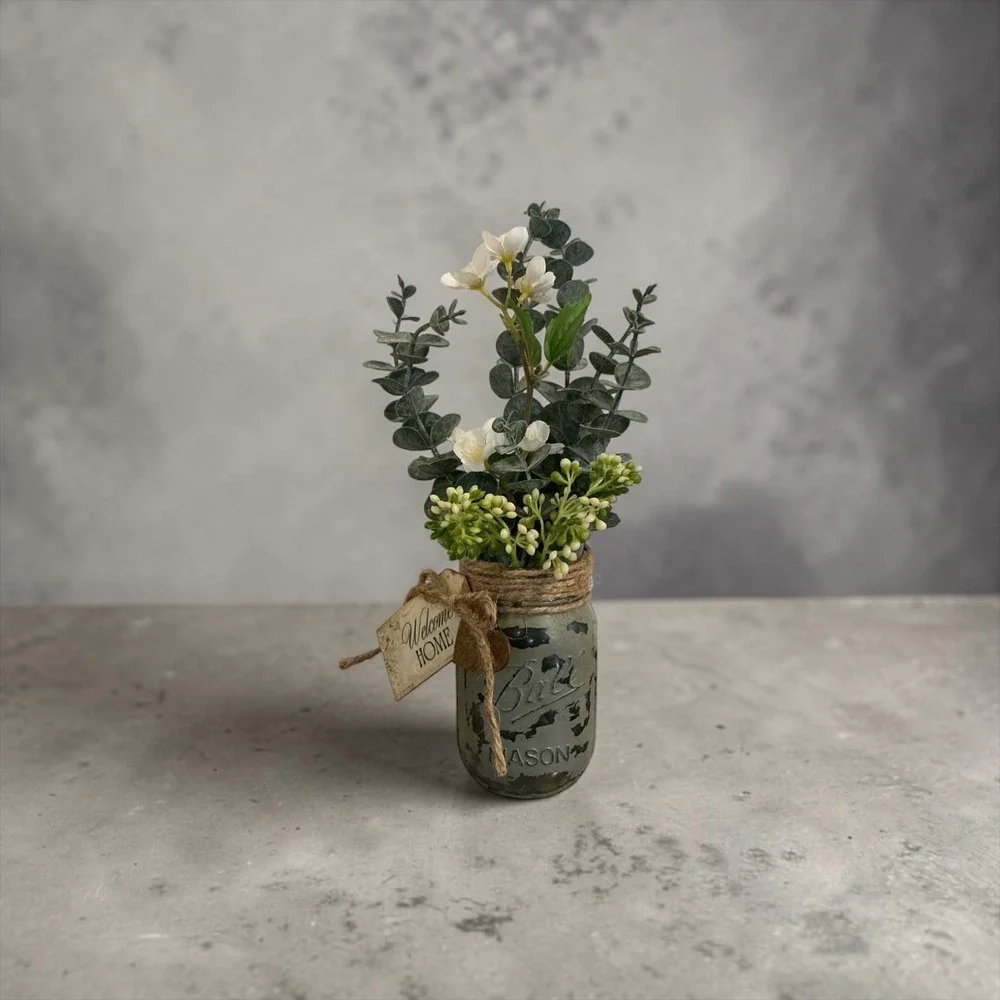 Rustic Ball‎ Mason Jar Artificial Floral Arrangement Welcome Home Decor Green